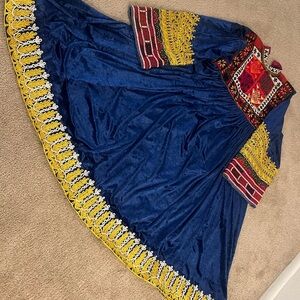 Embroidered Afghan Blue Dress with Yellow and Red Accents